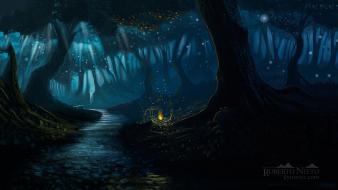 Fantasy art artwork camp dusk rivers campfire wallpaper