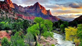 Mountains clouds landscapes nature trees wallpaper