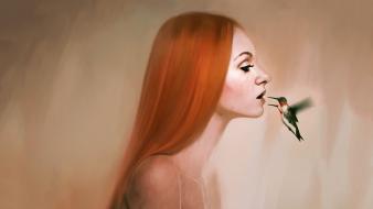 Redheads long hair artwork hummingbirds simple background wallpaper