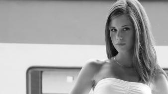 Brunettes women outdoors grayscale little caprice white dress wallpaper