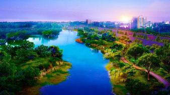 Green japan nature trees digital roads lakes wallpaper