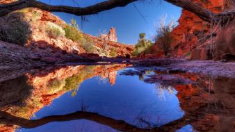 Landscapes valley lakes tree trunk reflections blue skies wallpaper