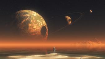 Outer space stars planets moon alien landscapes sea wallpaper