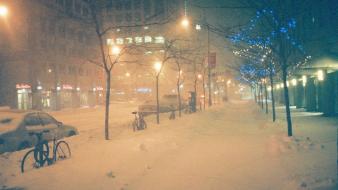 Snow streets cars bicycles montreal christmas lights snowing wallpaper