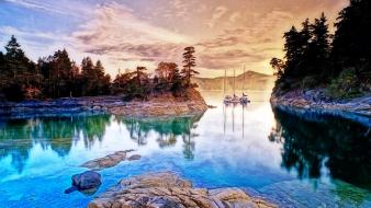 Sunset clouds landscapes trees boats lakes wallpaper