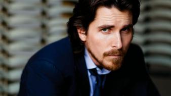 Bale green eyes actors goatee blurred background wallpaper