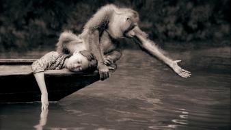 Sepia boats monkeys children gregory colbert wallpaper