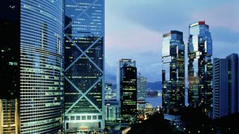 Buildings hong kong skyscrapers city lights reflections wallpaper