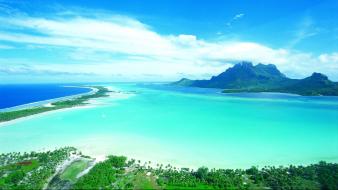 Coral reef bora palms skies beach polynesia wallpaper