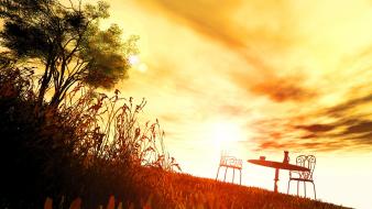 Grass scenic chairs digital art 3d sky wallpaper