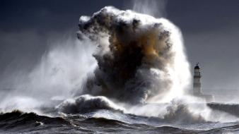 Waves storm brown lighthouses angry surge sea wallpaper