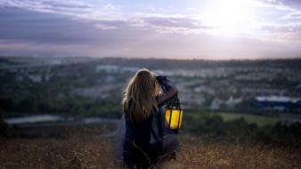 Brunettes women dress alone outdoors lanterns backside wallpaper