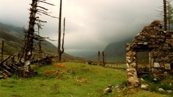Clouds landscapes trees ruins grass fog wallpaper