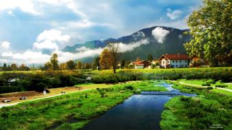 Nature trees wall houses lakes skyscapes village wallpaper