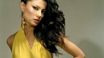 Women models yellow dress natassia malthe faces wallpaper