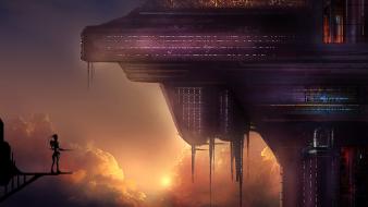 Futuristic silhouettes buildings scenic science fiction skies wallpaper