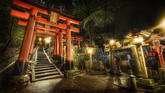 Japan night stairways shrine torii gate