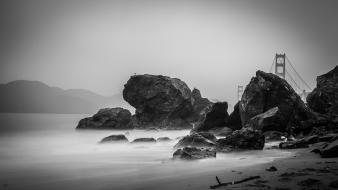 Landscapes coast rocks mist bridges greyscale sea wallpaper
