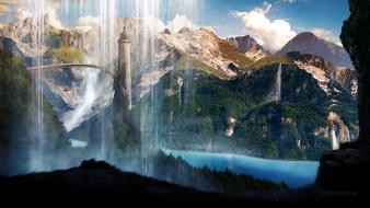 Nature castles liquid waterfalls rivers skies forest wallpaper