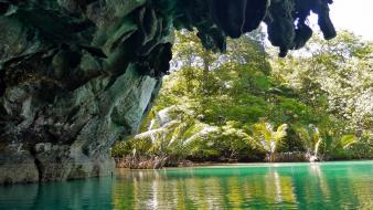 Phillipines rivers emerald turquoise cavern palms rock wallpaper