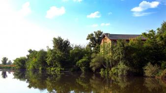 Trees houses lakes swamps rivers roof wallpaper