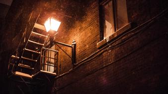 Brick wall lanterns snow stairways urban wallpaper