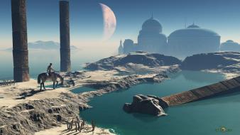Fantastic digital art futuristic horses land wallpaper