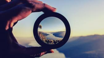Glasses hands landscapes lens magnifying glass wallpaper
