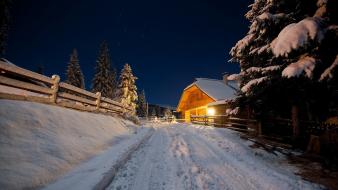 Night pine trees snow stars wood fence wallpaper