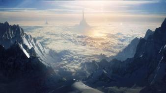 Sun birds cities clouds fantasy art wallpaper