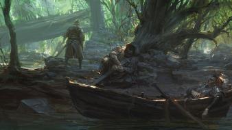 Artwork boats forests knights swords wallpaper