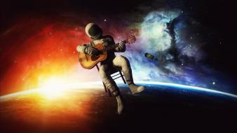 Astronauts bottles chairs digital art funny wallpaper