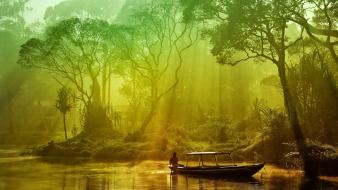Boats dawning fishing landscapes mist wallpaper