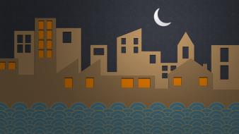 Moon cartoons cities creative design wallpaper