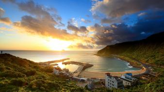 Bay beaches blue buildings clouds wallpaper
