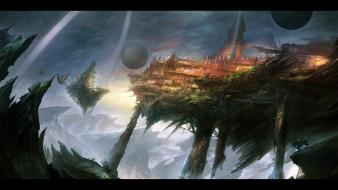 Cities fantasy art floating islands horses landscapes wallpaper