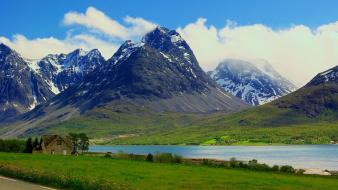 Norway clouds fjord grass houses wallpaper