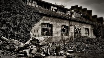 Black and white buildings houses nature old