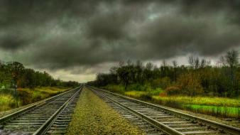 Clouds landscapes nature railroad tracks trees wallpaper