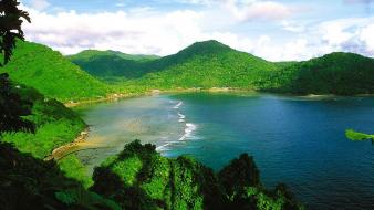 Bay beaches blue clouds forests wallpaper