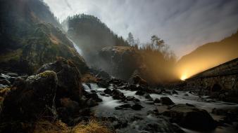 Bridges clouds hills landscapes light wallpaper