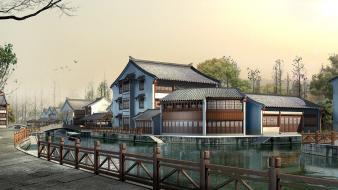 China japan digital art houses wallpaper