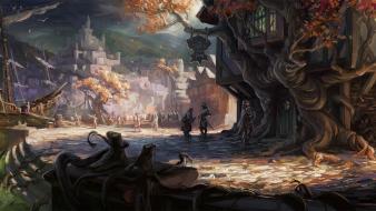 Inn artwork fantasy art ships trees wallpaper
