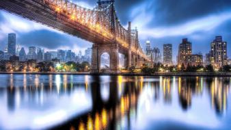 Manhattan roosevelt island bridges city lights night wallpaper