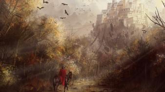 Birds castles chains digital art horses wallpaper