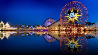 City lights cityscapes ferris wheels landscapes reflective wallpaper