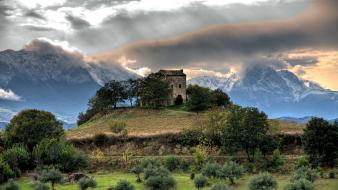Clouds hills houses mountains nature wallpaper