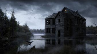 Crows fantasy art forests houses trees wallpaper