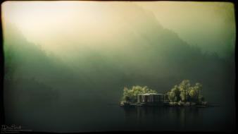 Digital art houses islands lakes mist wallpaper