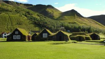 Iceland buildings grass houses landscapes wallpaper